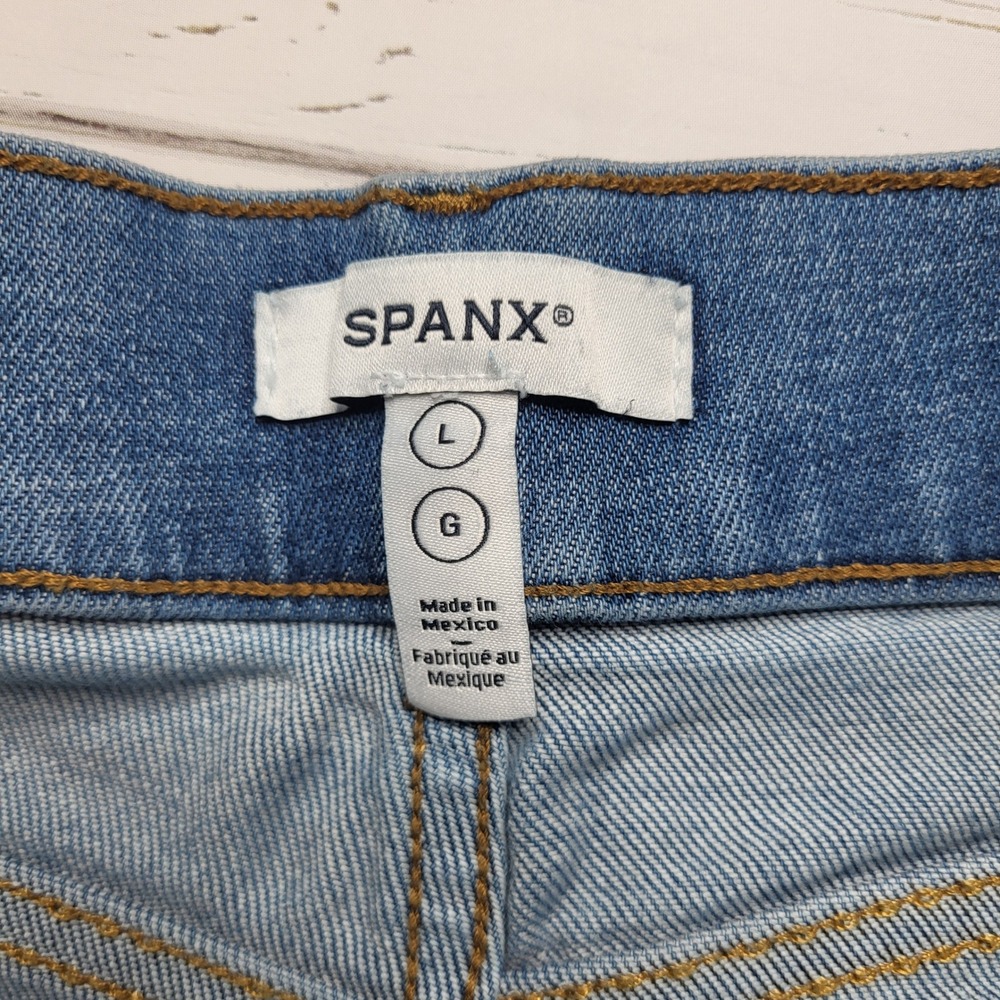 Spanx Blue Pull On Crop Wide Leg Jeans High Waist Denim Stretch Minimalist Large - Picture 7 of 8